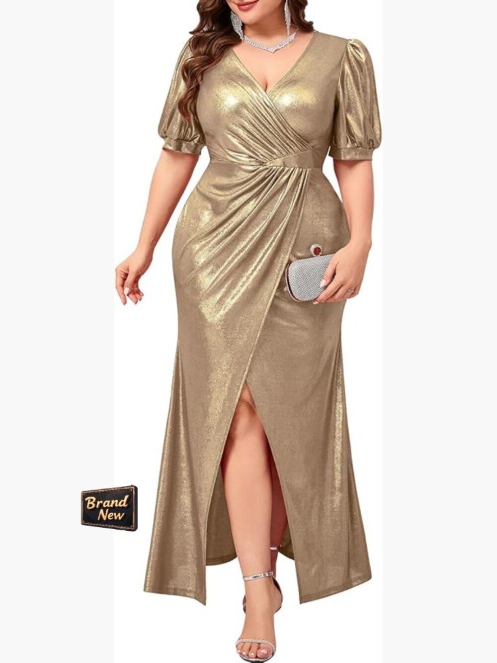 Plus Size Maxi Dress Sequined A-Line Ruched High Slit Puff Sleeves V-Neck